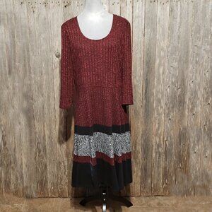 Signature Robbie Bee XL Midi Dress Burgundy Black Knit 3/4 Sleeve Stretch